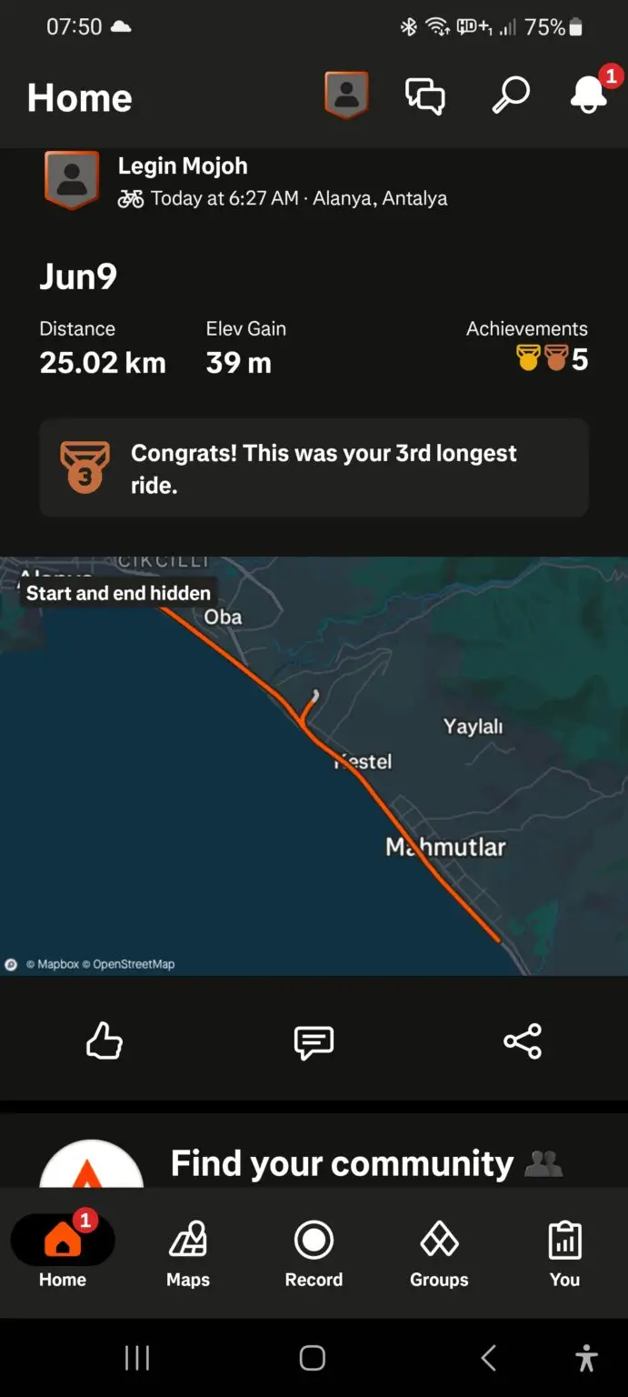 Showing Strava Map for a morning cycle on Alanya Seafront