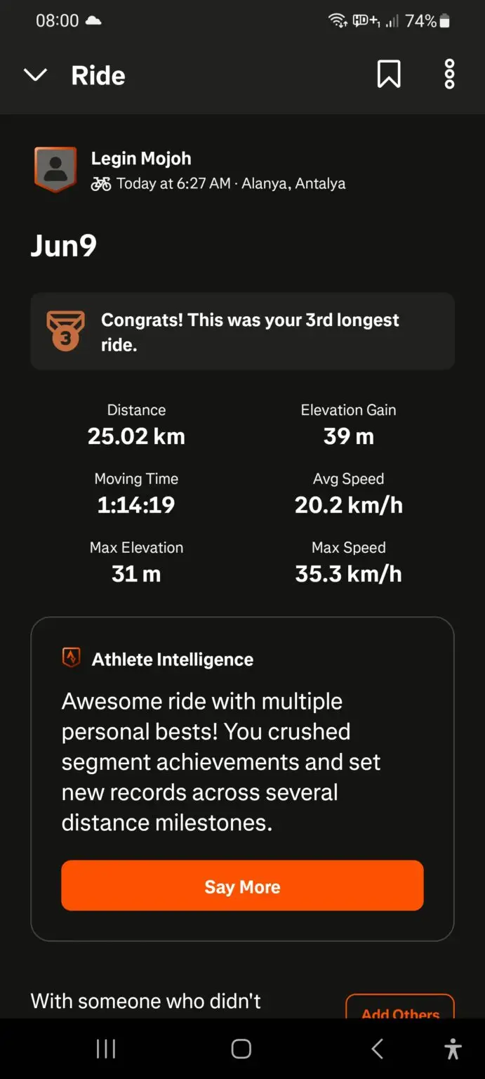Showing Strava Stats for a morning cycle on Alanya Seafront