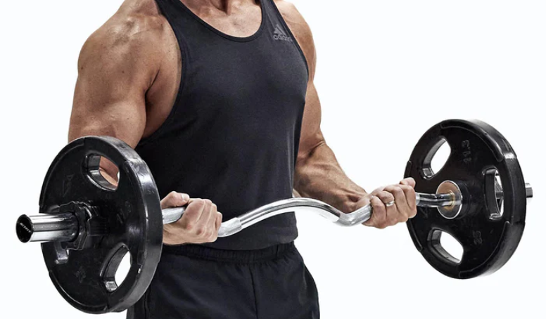 Showing an EZ curlbar being used for Bicep Curls