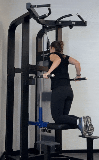 showing the assisted dip machine exercise, used for Chest and Triceps