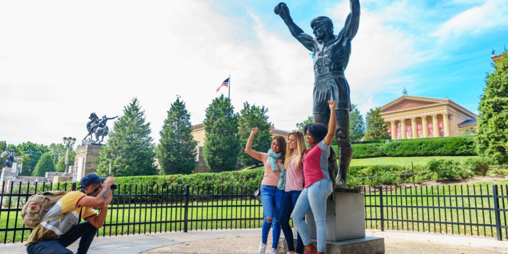 showing the statue of Rocky in Philadelphia