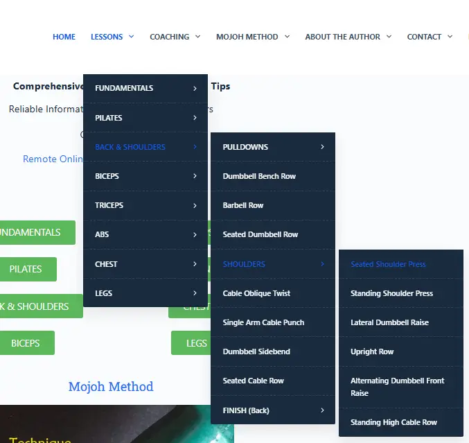 Showing part of the Mojoh Gym Webssite Menu screens